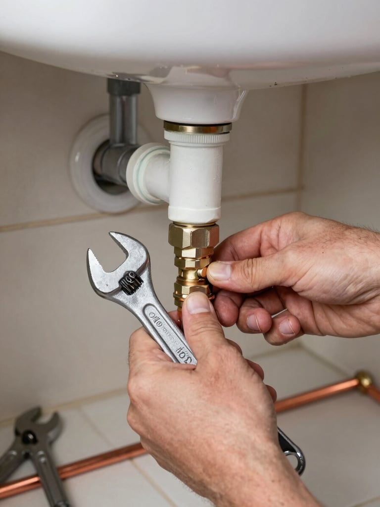 Close-up overhead shot of a plumber's hands tightening a pipe fitting under a sink, wrenches and copper pipes on a tiled floor, diffused daylight, active repair in progress, no faces visible