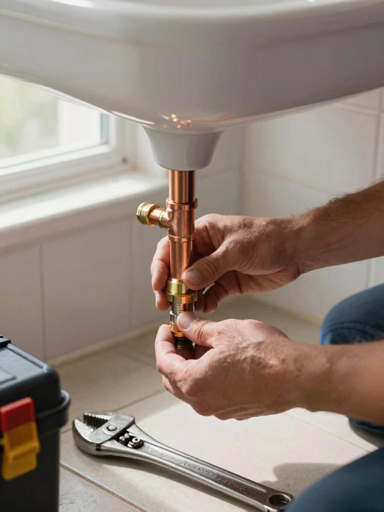 Close-up of a plumber's hands tightening a copper pipe fitting under a sink, natural light from a bathroom window illuminating the work area, pipe wrench resting on the tiled floor beside a toolbox