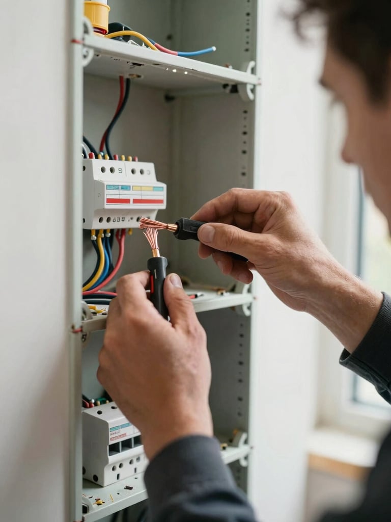 Close-up of an electrician's hands connecting wiring inside an open wall panel, tools gripped firmly, exposed copper cables mid-installation, natural daylight from a nearby window, active job site in background