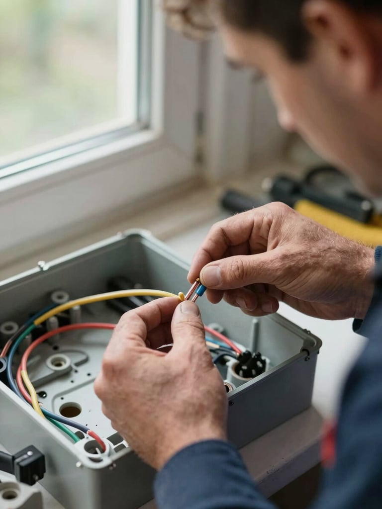 Close-up of a skilled electrician's hands connecting wiring inside an open junction box, copper cables and tools visible, natural daylight from a nearby window, active job site in background, documentary-style framing