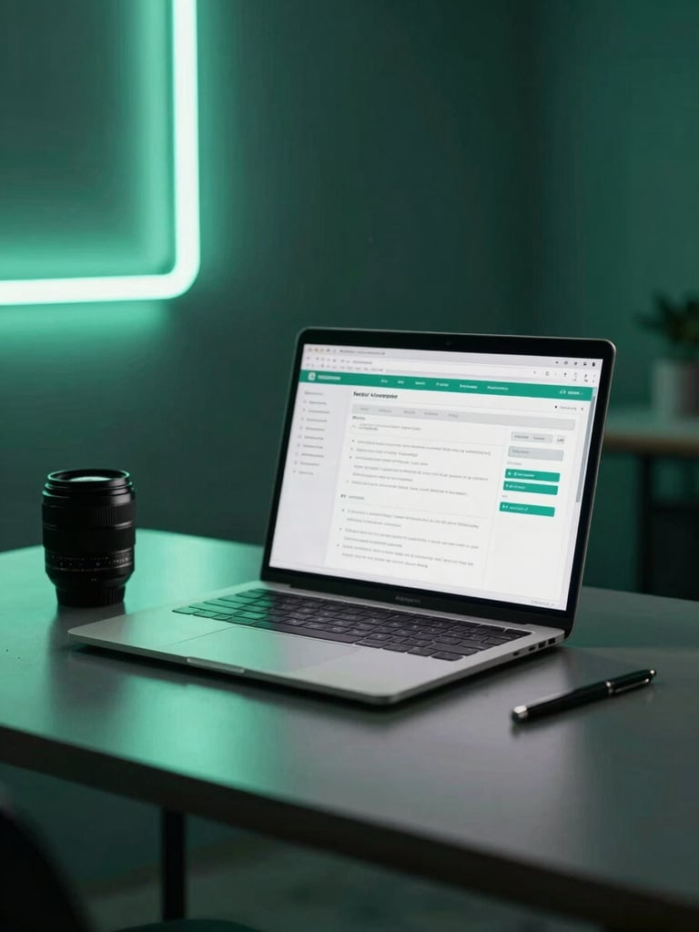 Moody editorial photography of a clean, organized workspace with a laptop showing a workflow automation diagram, soft mint neon light reflecting on a matte dark desk, sharp 35mm lens