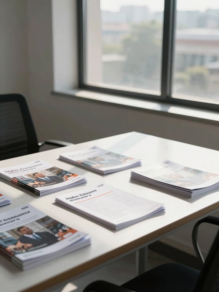 A clean, bright professional office in Bengaluru with a counseling table, dynamic sunlight streaming through a window, and neatly arranged higher education brochures.