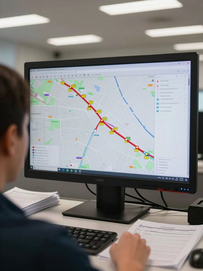 Wide shot looking over a dispatcher's shoulder at a large wall-mounted monitor displaying a route map with flagged segments, naturalistic fluorescent office light, stacks of printed manifest sheets visible on the desk edge, framing tight on the screen and the dispatcher's hand pointing at a flagged route node