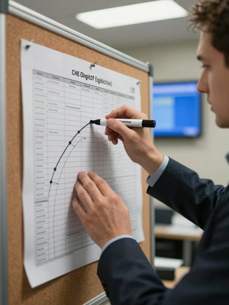 Close-up portrait-format shot inside a dispatch office: a logistics manager's hands moving across a printed manifest board pinned to a corkboard, circling route segments with a marker, dispatch screen glow visible in background, overhead fluorescent practical light, no faces visible — tight environmental framing on the operational detail