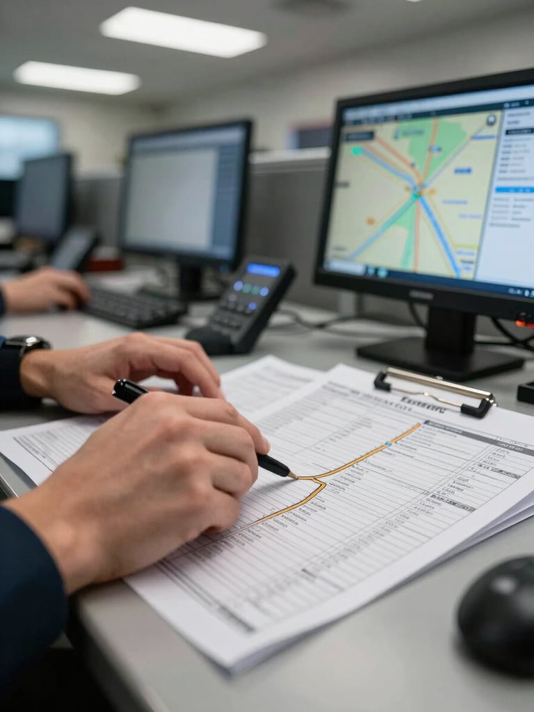 Tight close-up of a dispatcher's hands tracing a route on a printed load manifest spread across a metal desk, a GPS dashboard screen glowing in the background, practical overhead fluorescent light in an active dispatch office