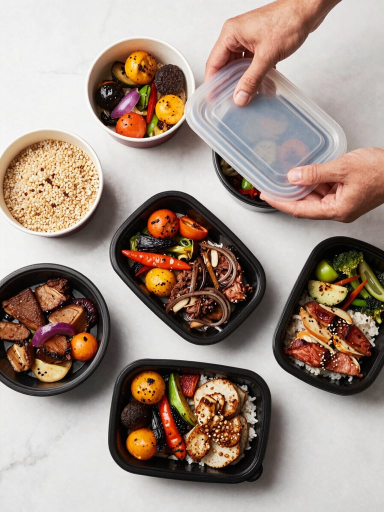 Overhead study of a meal prep spread on a white marble surface — portioned bowls of grains, roasted vegetables and protein, hands adjusting a container lid, studio overhead lighting, clean and intentional, no text or labels visible