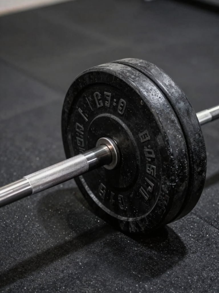 Close-up overhead study of a barbell loaded with plates on a clean gym floor, chalk dust visible on the knurling, studio strobe lighting from above casting sharp shadows, charcoal and black tones, no people