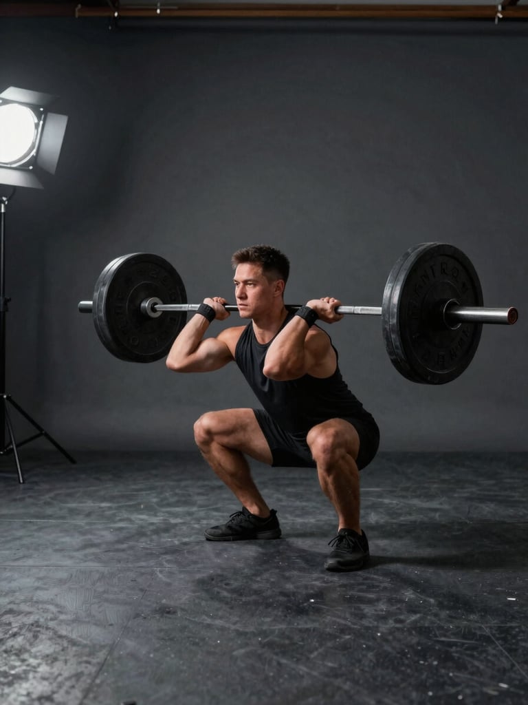 Wide studio frame, athlete in a deep front-rack squat position, barbell loaded, charcoal gym floor, soft directional strobe light from the upper left, strong form detail visible — elbows high, braced torso — generous dark negative space to the left, NZ studio environment
