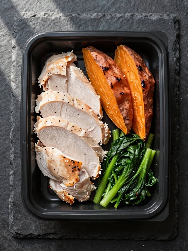 Overhead close study of a meal prep scene on a dark slate surface — sliced chicken breast, roasted sweet potato, steamed greens arranged in a wide prep tray, natural north-facing daylight from the left, clean and unfussy composition
