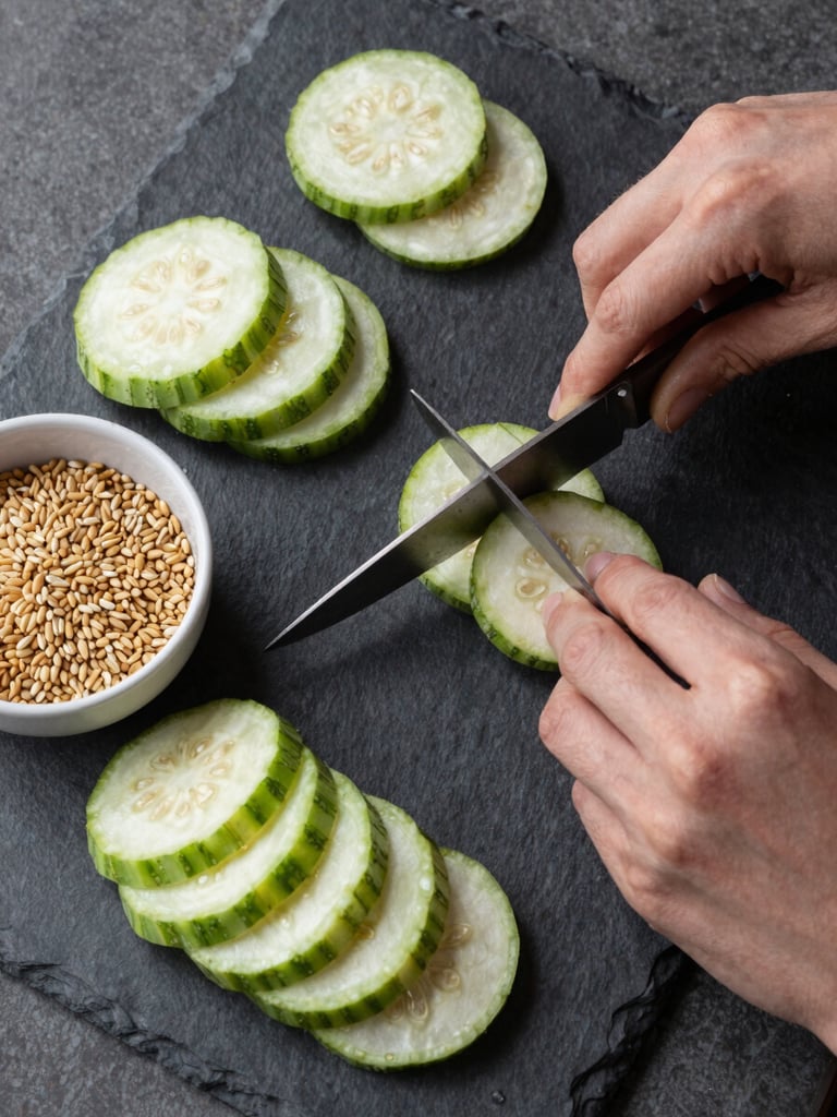 Overhead study of ingredients being prepared on a dark slate surface — sliced vegetables, a small bowl of grains, hands chopping, north-facing natural daylight, clean and intentional composition