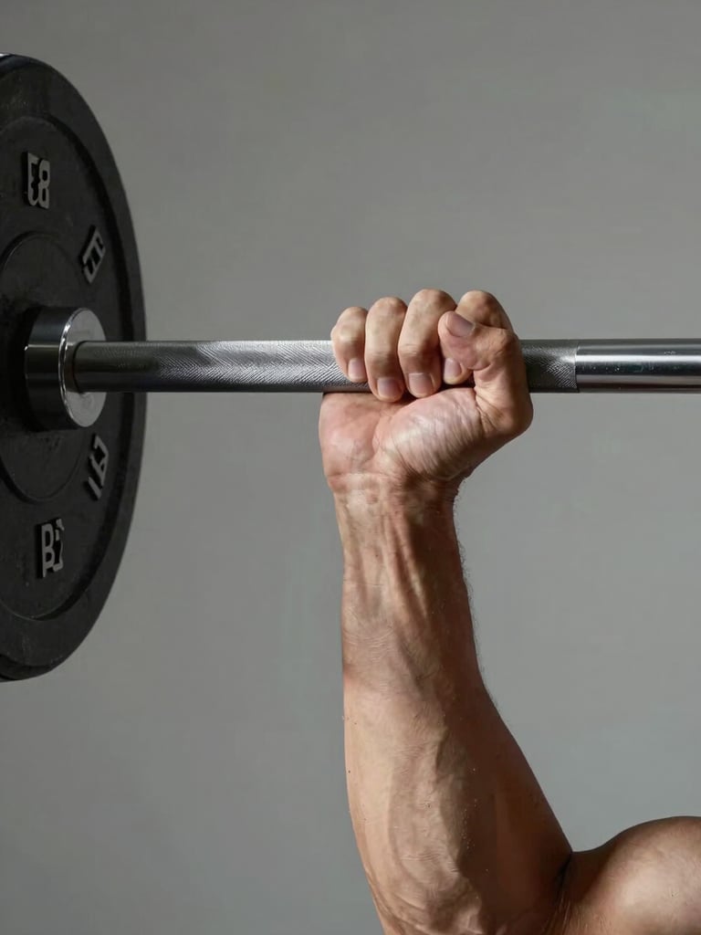 Close-up of hands gripping a barbell knurling at mid-pull height, studio strobe from the left casting a hard shadow across the wrist and forearm, no background detail