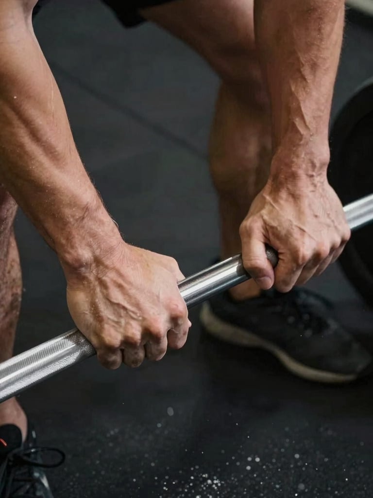 Close-up overhead study of a pair of hands gripping a barbell knurling, chalk dust visible, studio strobe lighting from above, dark rubber floor beneath, no person visible — pure form and tension detail