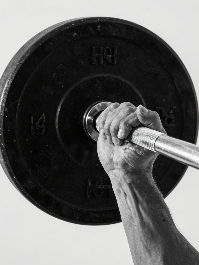 Close-up overhead study of hands gripping a barbell knurling, chalk dust settling on the bar, studio strobe lighting, stark white background, high contrast black and white tones