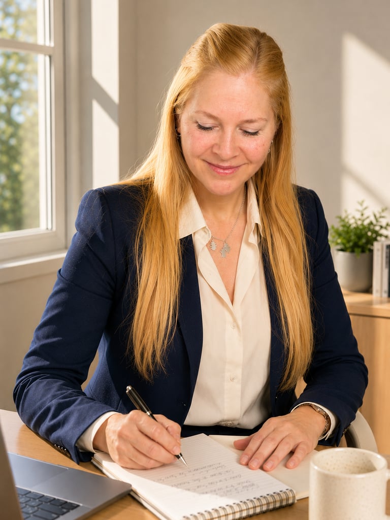 Professional blonde woman in a blue blazer writing notes at her office desk near a laptop.