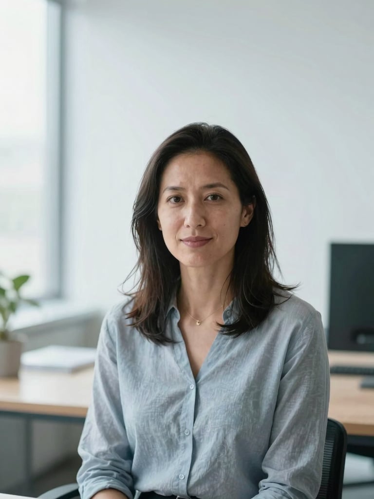 A professional, warm portrait of a female linguist in a bright, minimalist office space, soft natural daylight, cool neutral tones, sharp focus