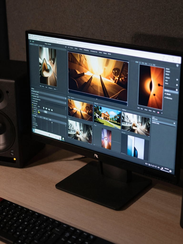 Tight overhead shot of a studio monitor displaying layered generative visual composition stages — multiple comp iterations visible on screen, cool tungsten studio lighting casting hard shadows on the desk surface, keyboard edge visible at bottom frame, high contrast