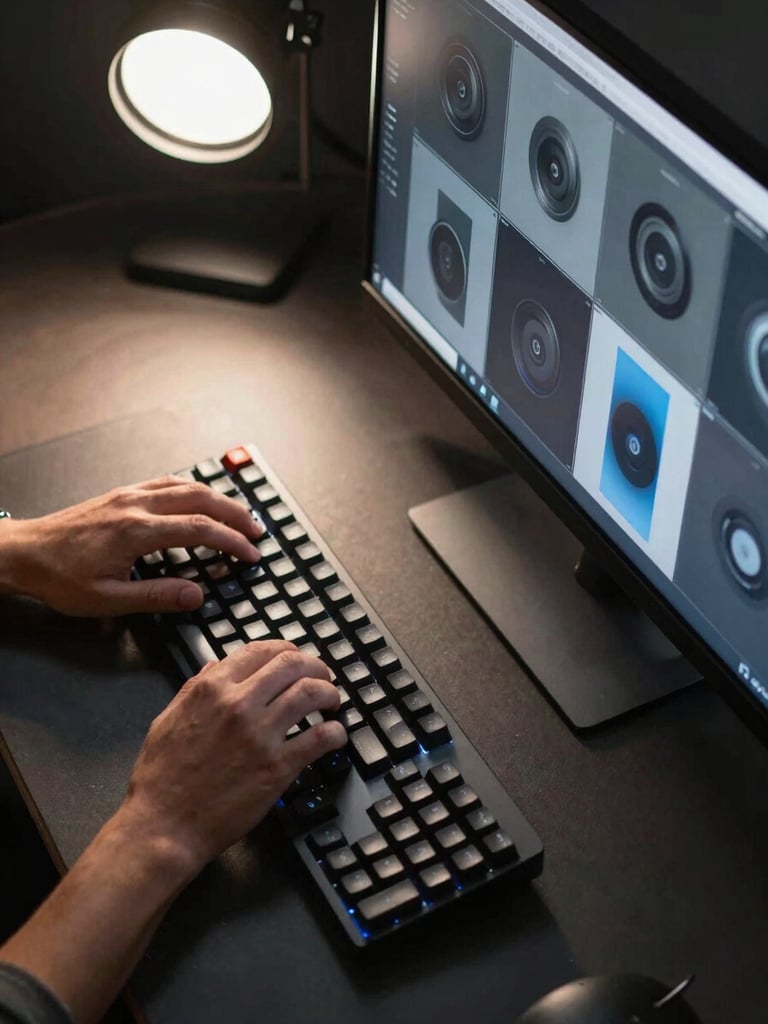 Overhead tight shot of a designer's hands on a mechanical keyboard, a large monitor to the right displaying layered composition frames in cool gray and blue, studio tungsten light raking across the desk surface, high contrast