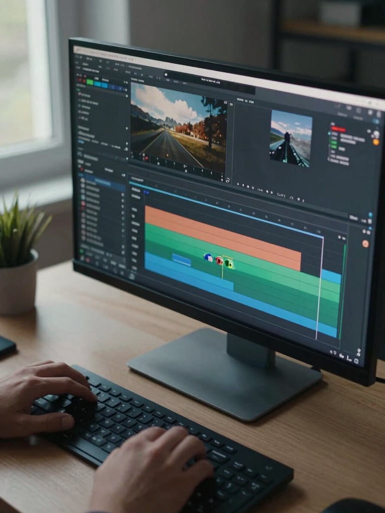 Overhead shot of a monitor screen displaying a motion graphics timeline in editing software, hands resting on a keyboard in the lower frame, cool daylight from a window to the left, high-contrast workspace