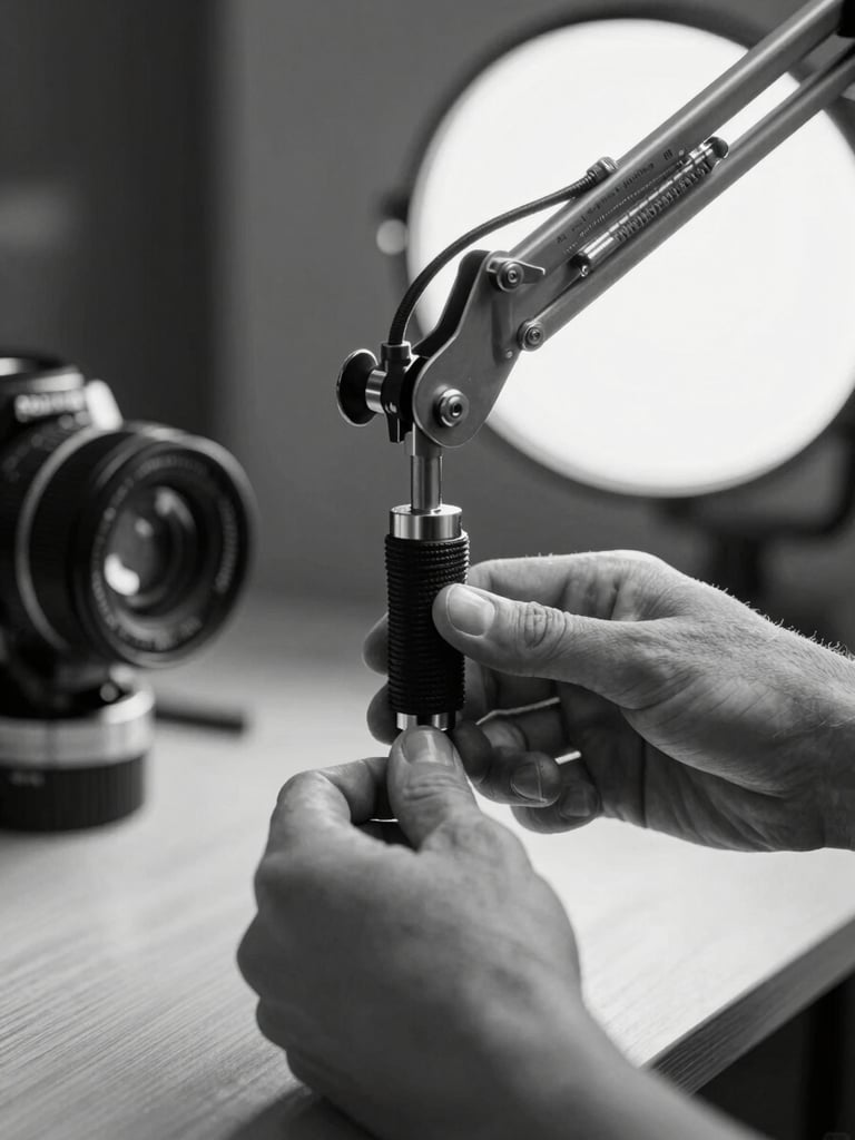 Close-up of a studio set being rigged — a clamp light arm over a product surface, hands tightening a grip, tool textures sharp under tungsten, background out of focus, high contrast monochromatic