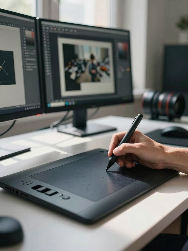 Tight portrait-orientation shot from the right side of a studio desk — a hand operating a stylus over a drawing tablet, the monitor in soft focus behind showing a multi-layer composition, cool daylight from a high window casting hard shadow lines across the surface, film-grain texture visible