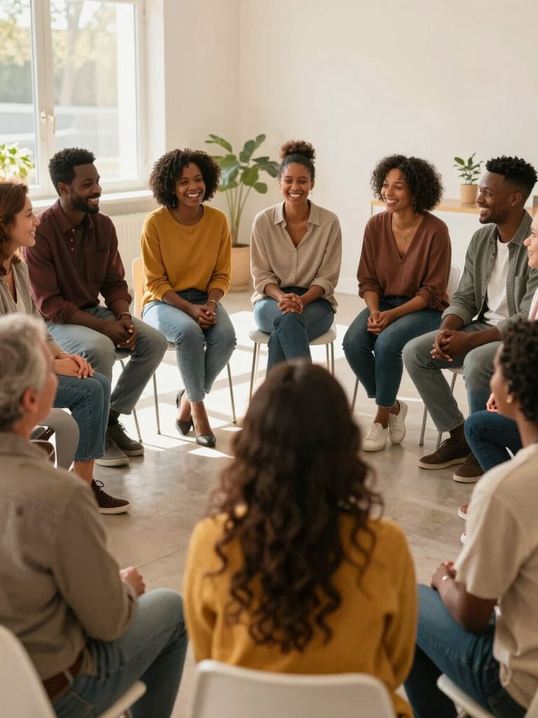 A warm, supportive group circle of diverse parents, with positive representation of African American mothers and fathers, listening intently and laughing together in a bright, modern community room filled with natural daylight.
