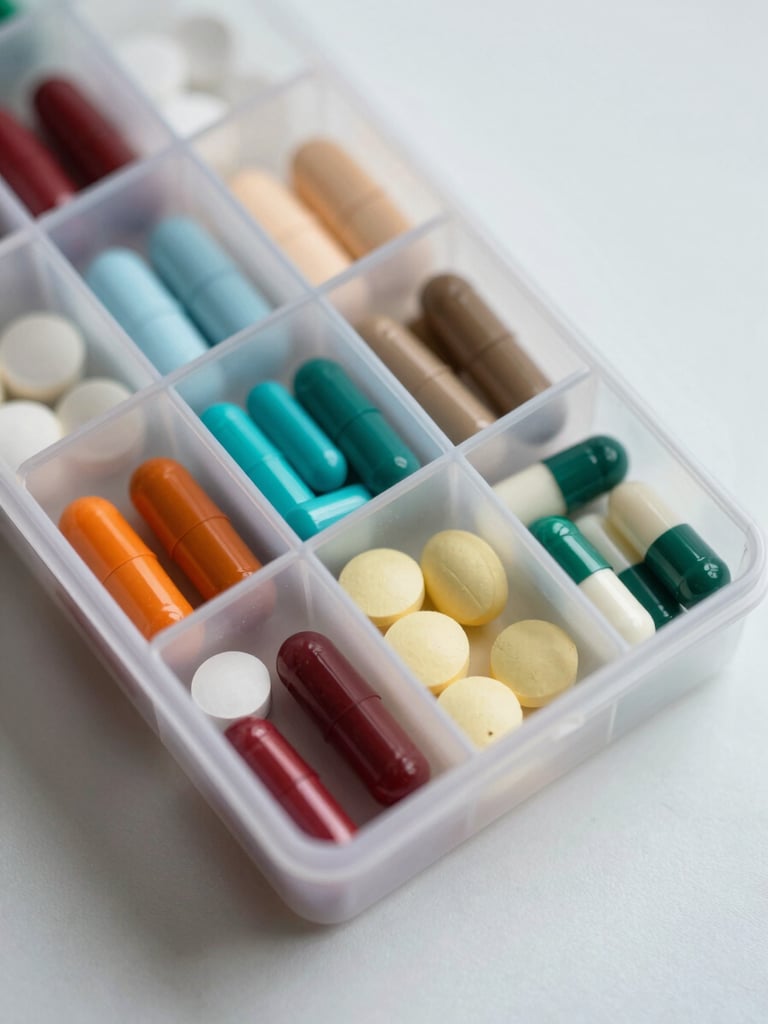 Close-up overhead view of a weekly pill organizer on a clean white surface, multiple compartments filled with tablets and capsules of varying colors, clinical studio lighting rendering each pill in sharp detail, no hands visible, no text