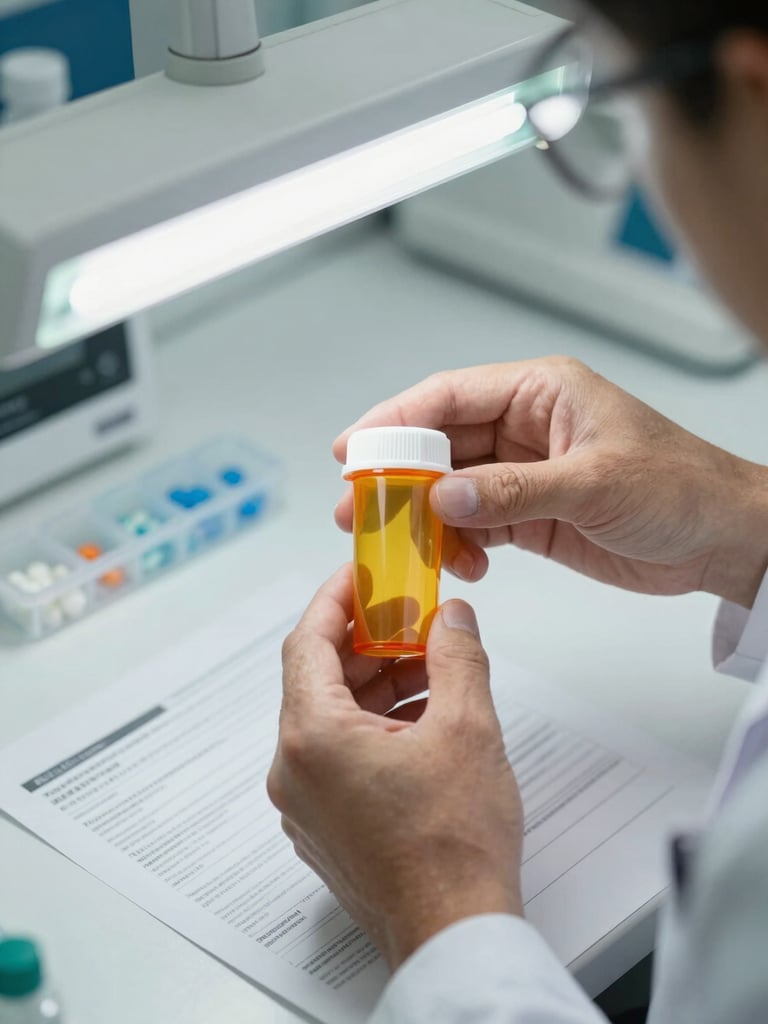Close-up overhead study of a pharmacist's hands holding an amber prescription bottle under clinical fluorescent light, pill organizer and printed medication sheet visible on a white surface below, sharp documentary framing