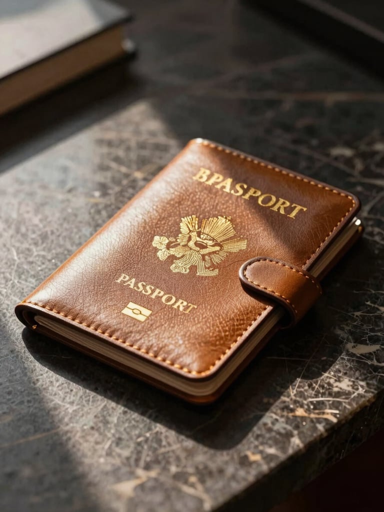 A close-up of a premium leather passport holder resting on a dark marble desk, warm golden hour light catching the gold-embossed details with clean architectural shadows.
