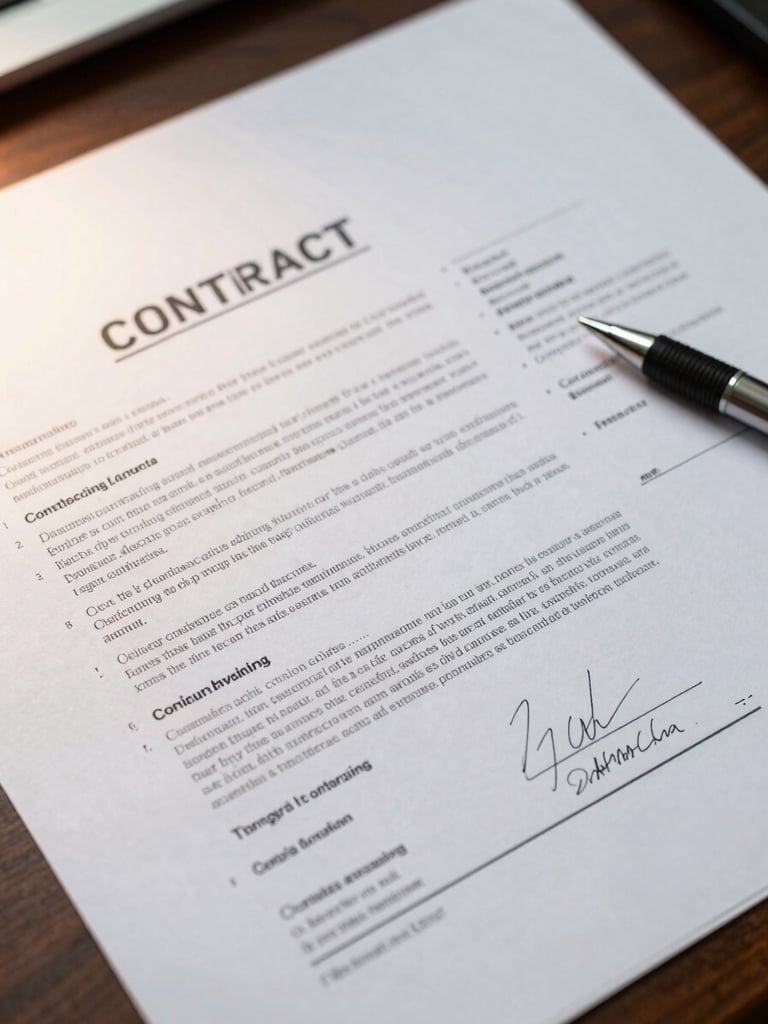 Close-up overhead shot of a construction contract laid flat on a desk, annotated in pen with margin notes and clause markers, a second document partially overlapping, studio overhead lighting on white paper, sharp detail on signatures and handwritten annotations, warm office daylight from the left, no people visible