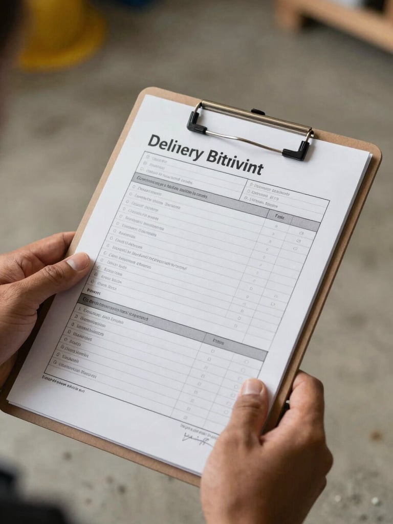 Close-up of hands holding a clipboard with a printed construction delivery checklist, each line item marked with a pen, a signed signature block visible at the bottom of the page, warm natural site lighting, concrete floor visible in soft background focus