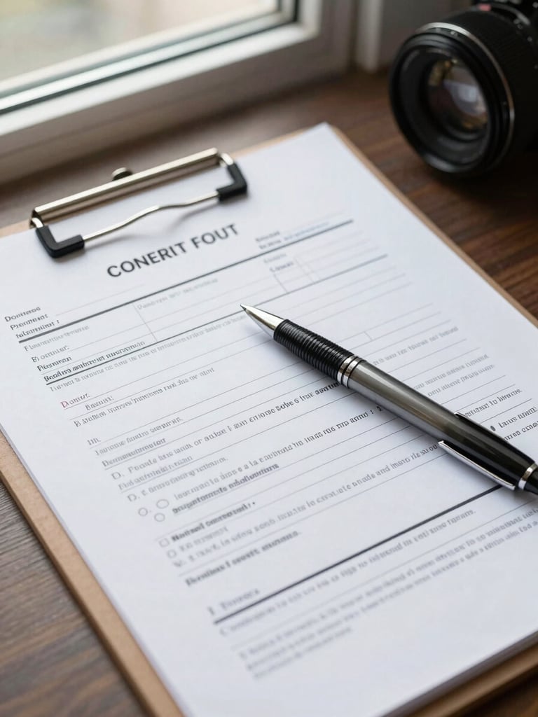Close-up overhead shot of an open workplace accident report form on a clipboard, a pen resting across the page, office daylight from a north-facing window illuminating the handwritten fields and signature line, contract clause text visible in sharp detail, no people