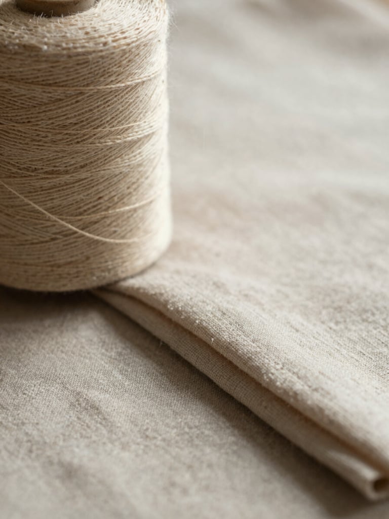 Extreme close-up of a raw linen work surface, a spool of natural thread and folded textile edge catching soft north-facing daylight, shallow depth of field, warm neutral tones, no hands visible, minimal styling