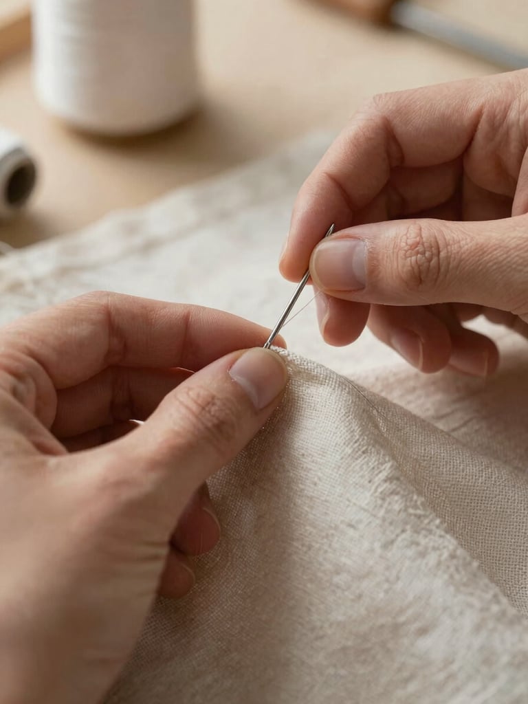 Extreme close-up of hands stitching linen on a worktable, needle threading through raw cloth, soft north-facing daylight from the left, fine thread detail sharp against a blurred warm-neutral background, no faces visible