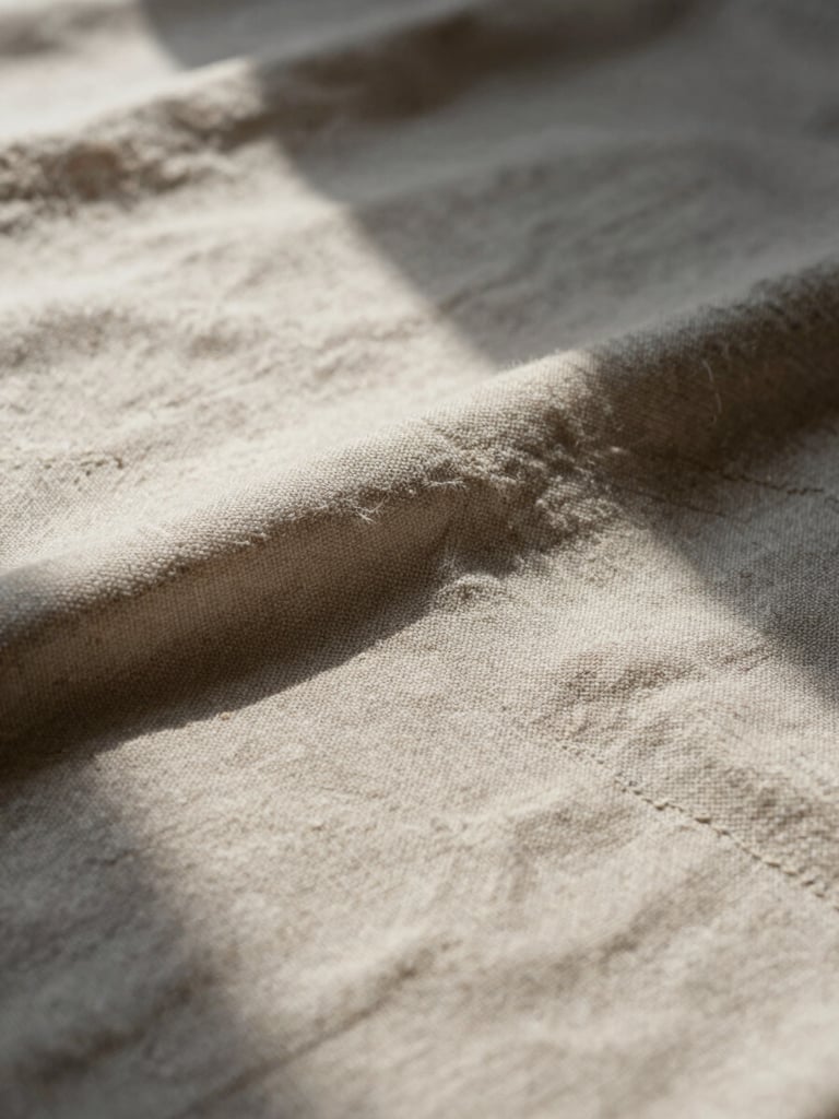 Extreme close-up of a finished textile piece laid on a raw linen work surface, intricate stitching visible mid-frame, soft north-facing daylight raking across the texture from the left, deep shadow in the folds, no props