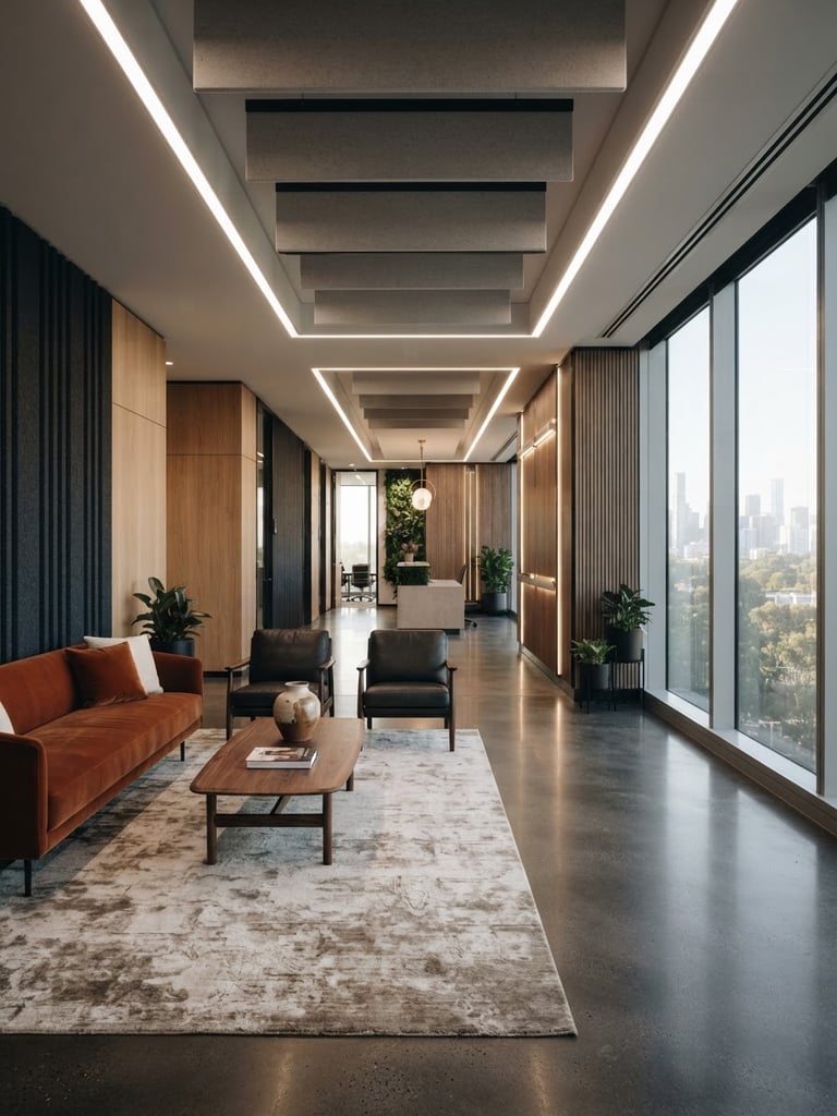 Straight-on architectural shot of a modern corporate office interior with clean drylining lines, integrated flush-mount lighting, and warm golden accents under soft window light.
