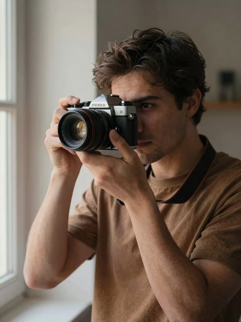 Retrato íntimo y natural del fotógrafo sosteniendo una cámara analógica de formato medio, bañado por la luz suave que entra por una ventana lateral, tonos tierra cálidos, grano cinematográfico sutil.