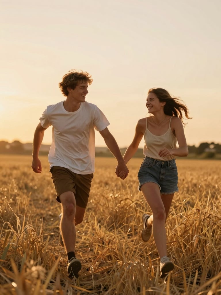 Plano cinematográfico de una pareja joven corriendo de la mano por un campo dorado durante el atardecer, risas espontáneas, destellos de luz solar cálida, desenfoque de movimiento suave.