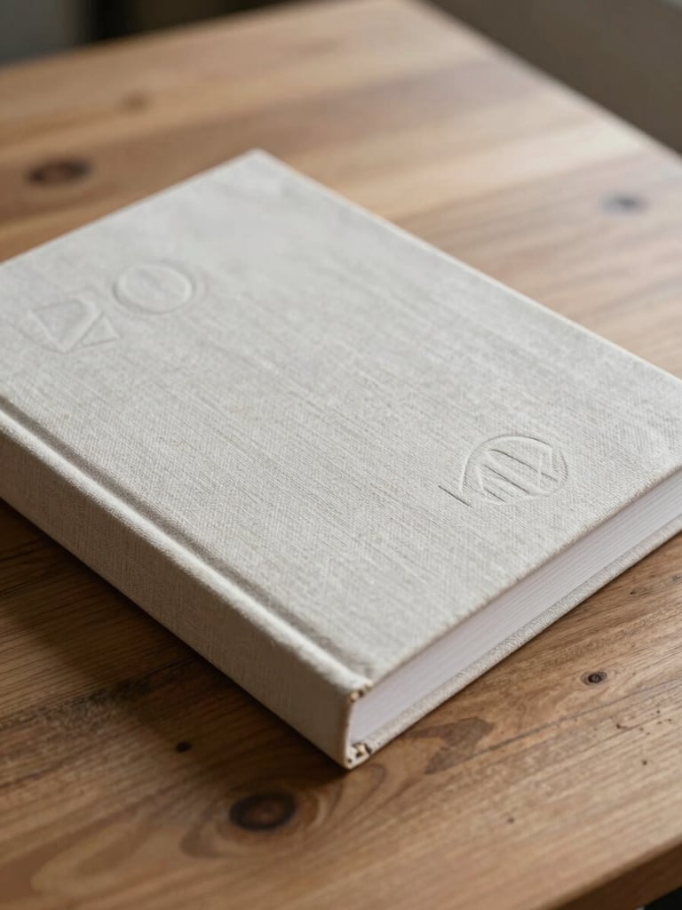 A portrait-oriented close-up of a linen-bound brand book with custom blind embossing on the cover, resting on a raw wooden table in soft, diffused morning light.