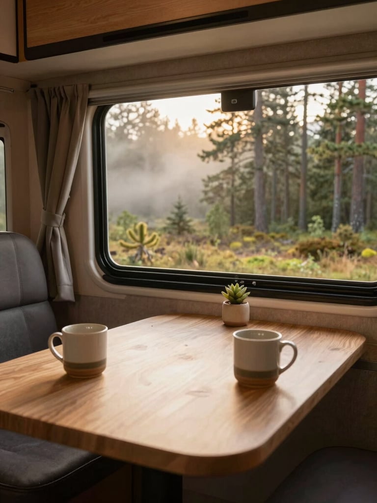 Close-up of a modern motorhome interior, focusing on a beautifully set dining table with ceramic mugs, a window showing a misty pine forest in the background, warm natural light, cinematic 35mm