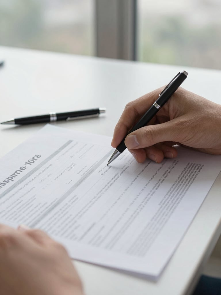 Close-up of hands turning the page of a printed insurance carrier comparison document on a clean desk, natural window light from the right, a pen resting beside the document, shallow depth of field, overcast daylight, no faces visible