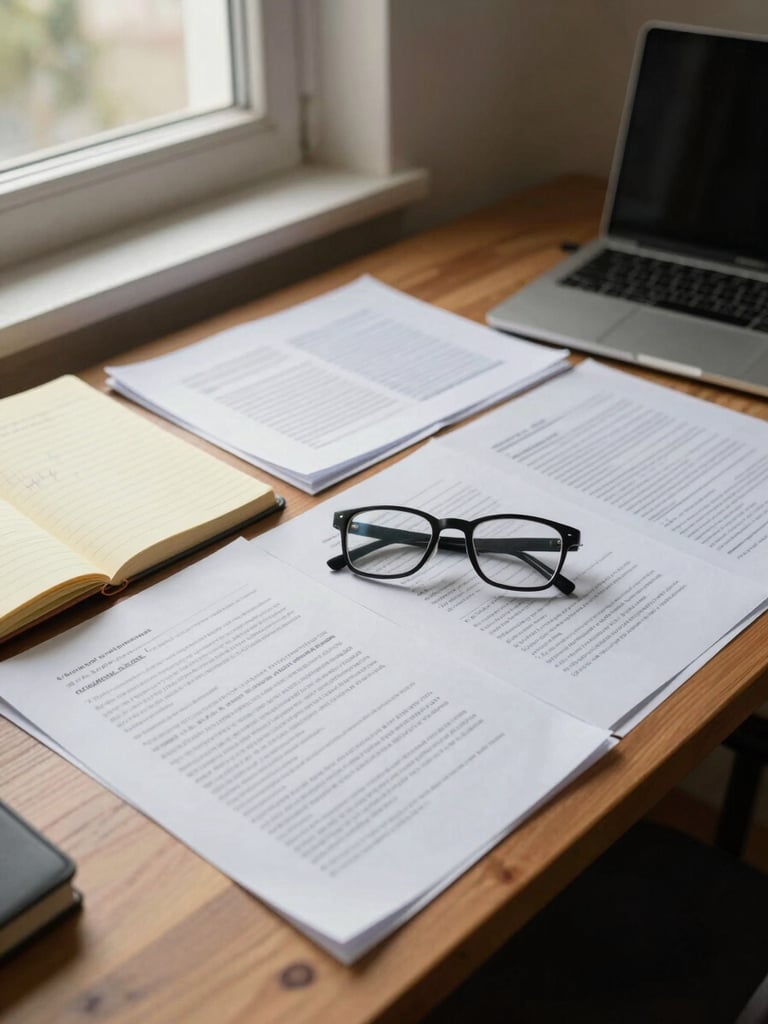 Wide shot of a home office desk from a slightly elevated angle, policy documents spread across the surface under warm window light, a pair of reading glasses resting on an open page, handwritten notes visible on a yellow legal pad to the left, natural overcast daylight from the left side
