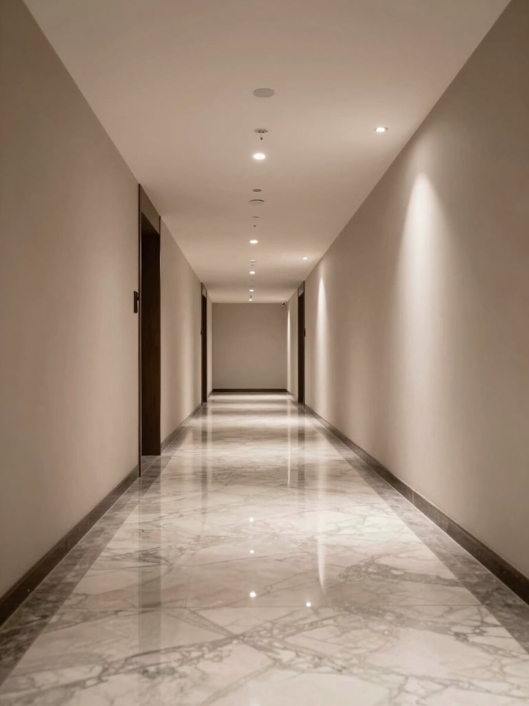 Wide environmental shot of an immaculate hotel room corridor, lights on, polished marble floor gleaming, no people present, shot from low angle with crisp specular highlights emphasising cleanliness and precision