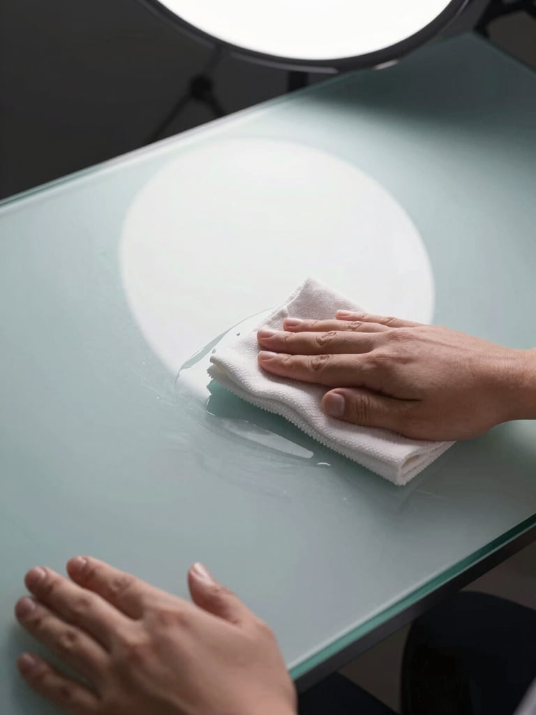 Close-up overhead shot of a pristine office desk surface, professional cleaning cloth held by gloved hands wiping the last streak from a gleaming glass top, bright studio light from above, no people visible except the hands at work