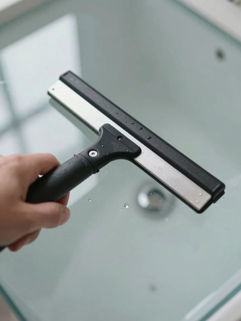 Close-up overhead shot of a spotless glass surface being wiped by a gloved hand holding a professional squeegee, bright natural daylight from the left, water droplets mid-motion, surface perfectly reflective