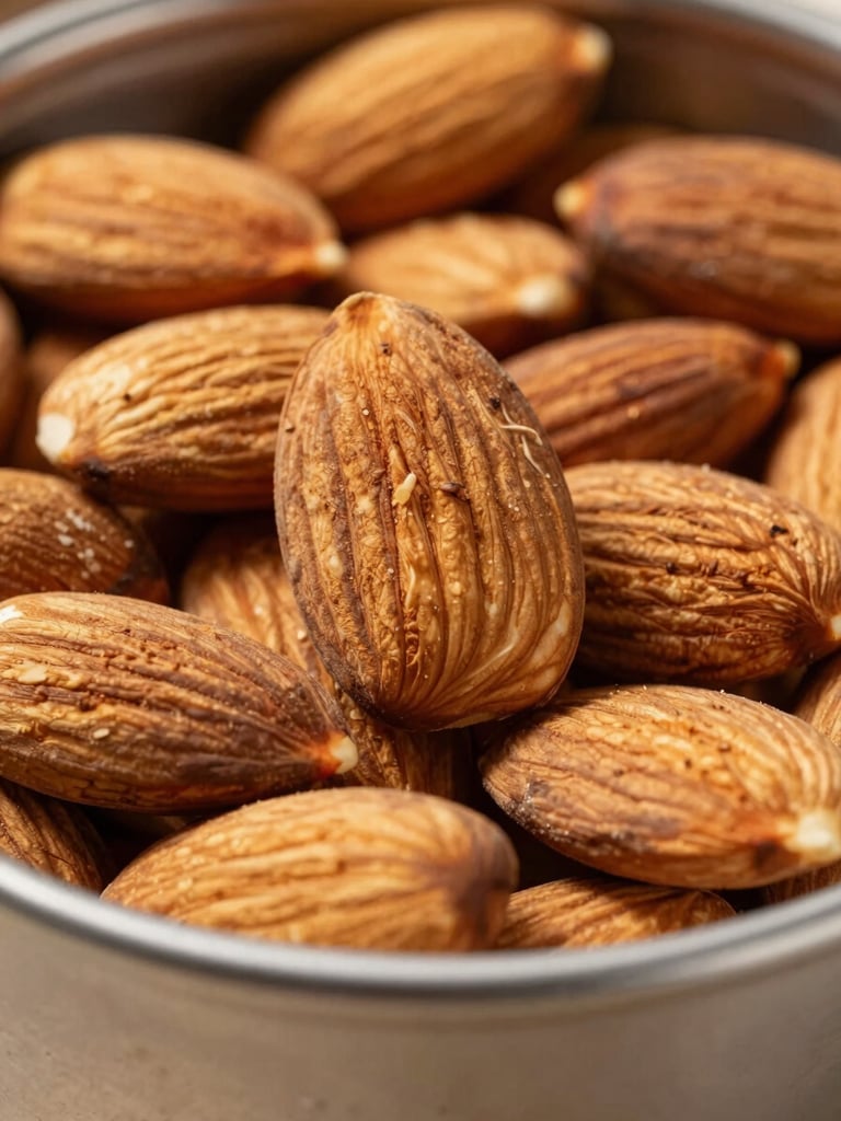 Macro shot of graded raw almonds in a clean steel container, high-contrast morning daylight, sharp focus on texture.
