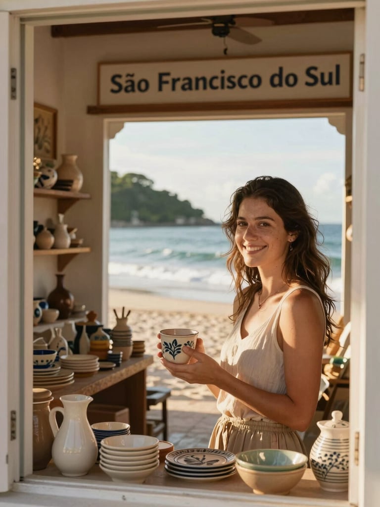 A local artisan smiling inside a warm coastal shop in São Francisco do Sul, holding handcrafted ceramic pieces, soft natural sunlight filtering through the window, authentic travel photography.