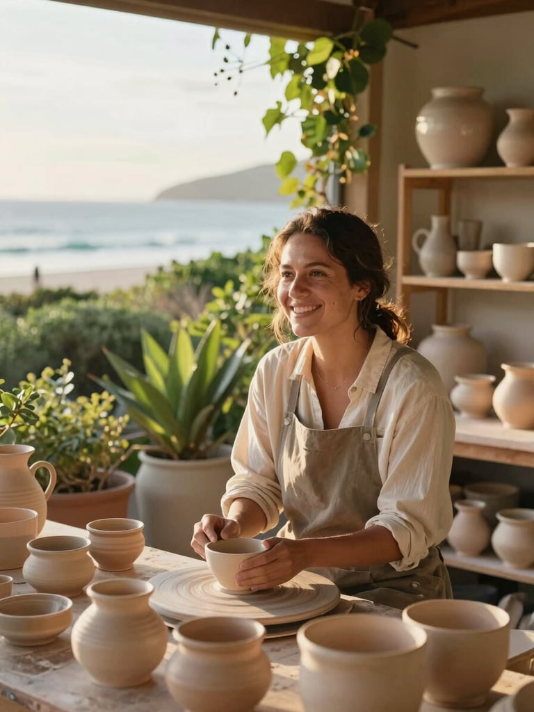 Medium shot of a local artisan smiling in her sunlit workshop, surrounded by handmade ceramic pots and green coastal plants, warm natural light, editorial travel style