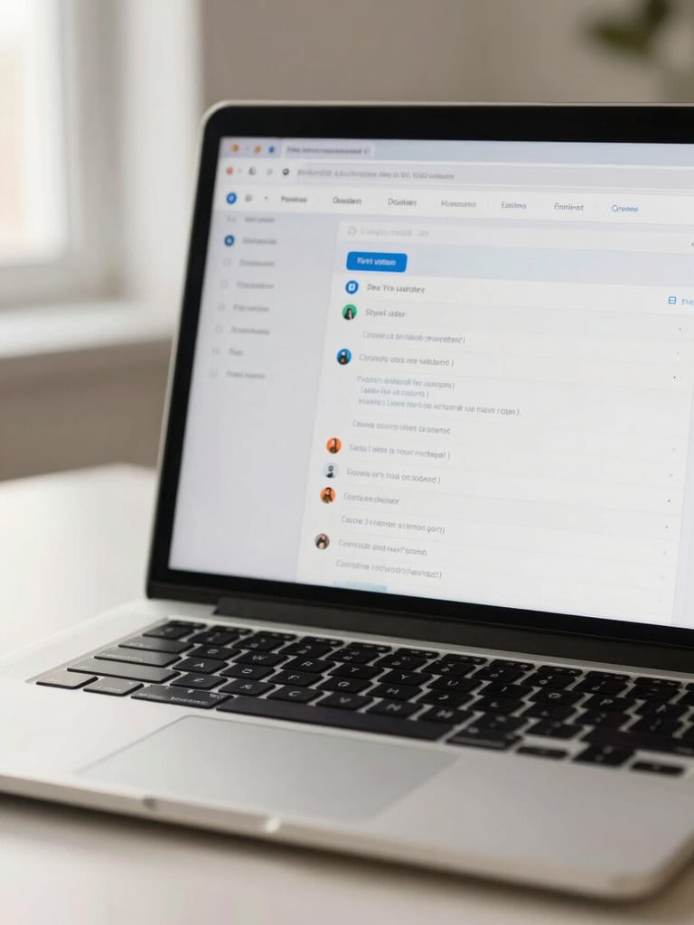 Close-up of a WordPress dashboard on a laptop screen, plugin update list visible, soft natural light from the left, clean desk surface beneath, warm off-white tones