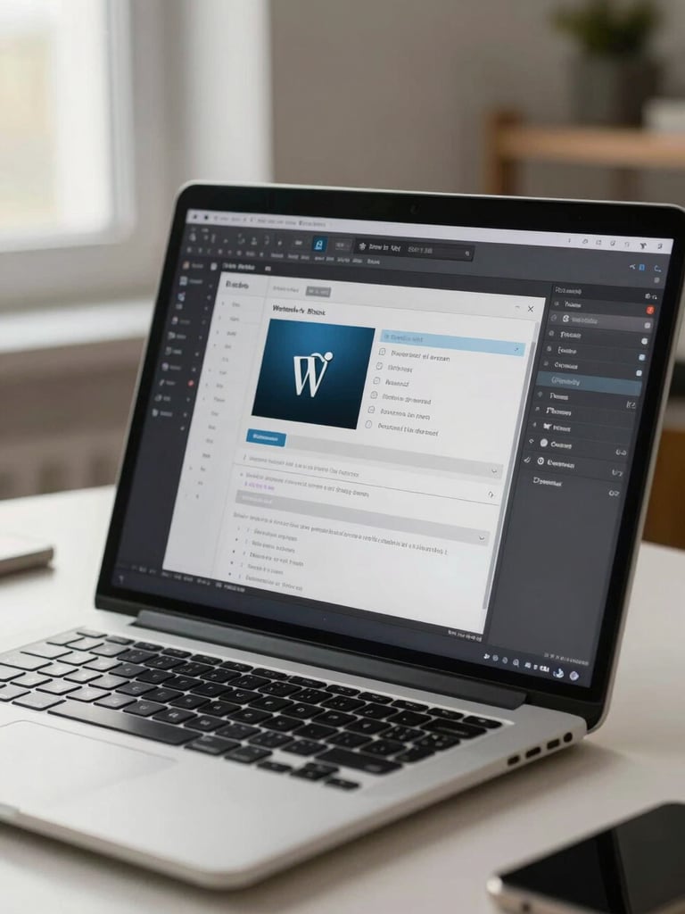Close-up of a WordPress block editor on a laptop screen, natural window light from the left, content blocks mid-edit visible, clean off-white desk surface below, shallow depth of field on the screen details