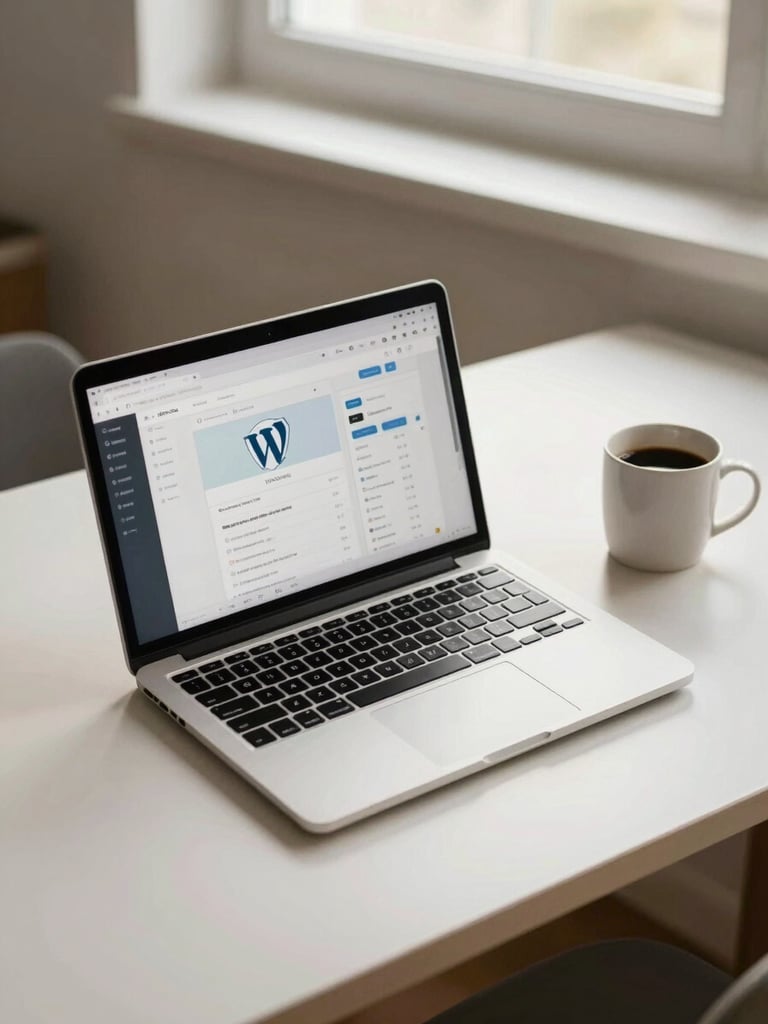Wide shot of a calm home office desk from above, open laptop showing a WordPress admin dashboard, a coffee mug to the right, soft diffused natural light from a nearby window, minimal clutter, warm off-white surface